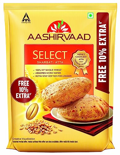 Image of Aashirvaad Select 100% MP Sharbati Wheat Atta, 0% Maida, Made for Softer Rotis, 5 kg + 10% extra