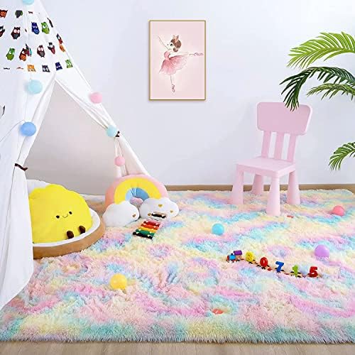 CQYTZ 2x4 Ft Rainbow Area Rugs for Girls Room,Rugs for Living Room,Fluffy Colorful Rug,Fluffy Play Mat for Kids,Nursery Home Decor for Girls Bedroom,2x4 feet/60x120cm 8 51wB6b2gTKL. AC