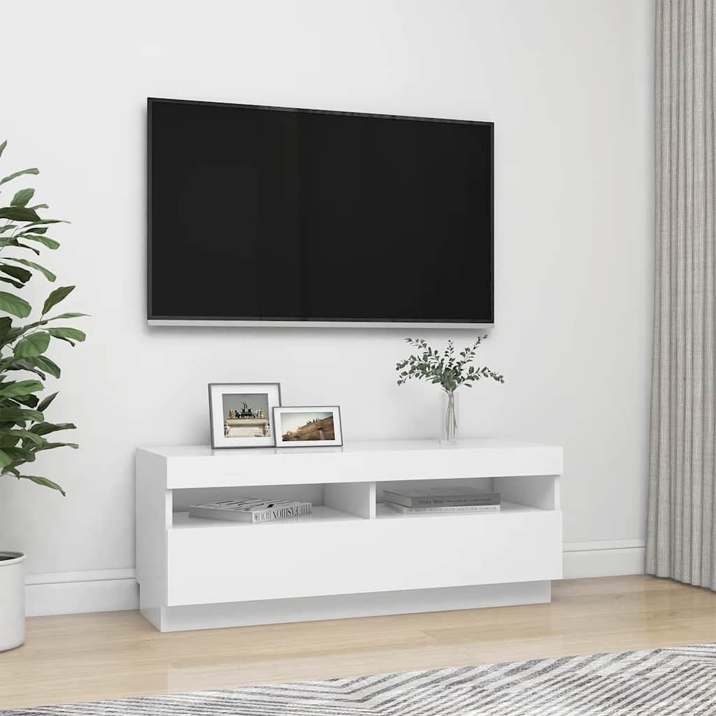 Szafka TV z diodami LED RGB, biała, 100 x 35 x 40 cm, materiał drewnopochodny, nowoczesne centrum rozrywki do salonu, sypialni, do przechowywania multimediów