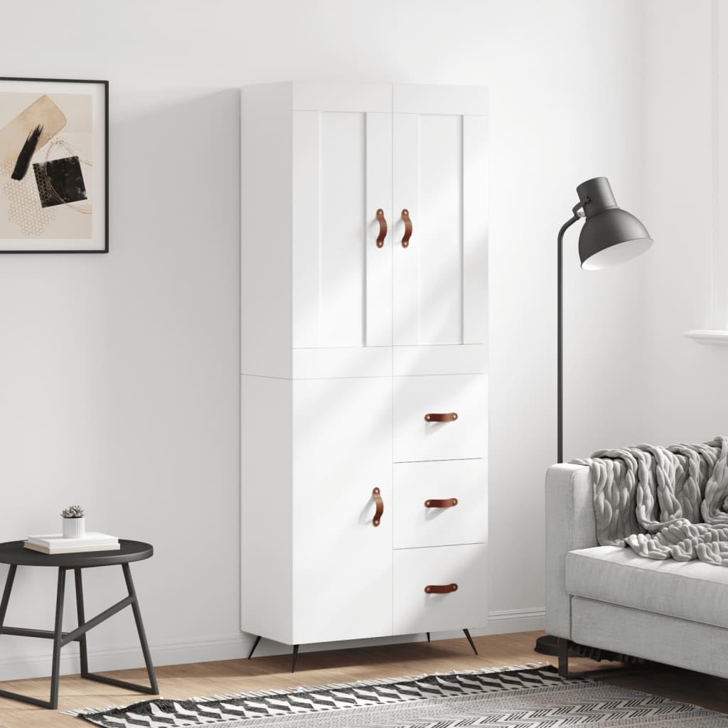 Bufet wysoki biały 69,5x34x180 cm, szafka do przechowywania z drewna inżynieryjnego z drzwiami i metalowymi nogami, duża przestrzeń do przechowywania w eleganckim wnętrzu