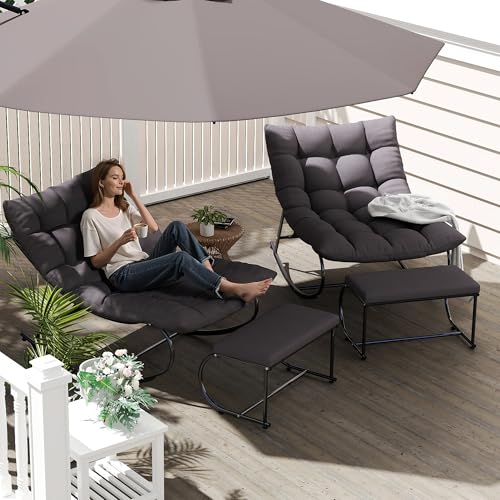 DAYARUS Upholstered Outdoor Rocking Chairs, Modern Patio Rocking Chair Set of 2 with Foot Rest, Sturdy Metal Papasan Rocking Chair, Cozy Rockings Recliner Chair for Bedroom/Living Room/Lawn, Gray