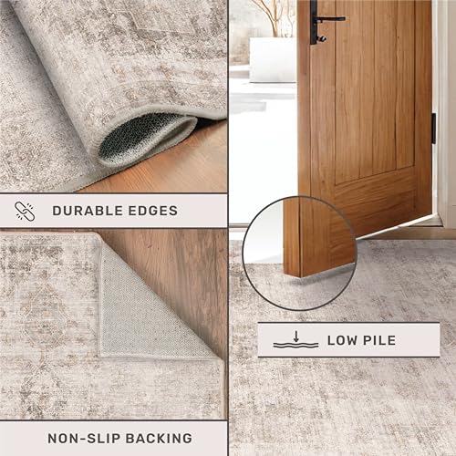 Image of Hazo Haus Neutral Farmhouse Area Rug for Bedroom - 6x9 Washable Rug for Dining Room Table, Ultra-Thin Soft Textured Boho Indoor Decor, Fade & Stain Resistant