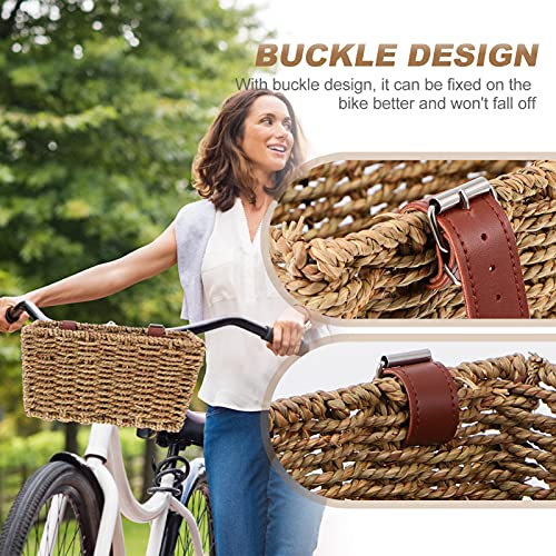 Cabilock Wicker Baskets Bike Basket Front Basket Kids Vintage Wicker Rattan Bike Basket With Leather Straps Front Handlebar Organizer 29X19Cm For Detachable Storage Accessory Wicker Baskets E Bikes #TOP7