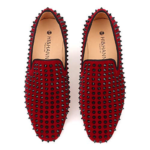 HI&HANN Men's Velvet with Black Rivets Loafer Shoes Slip-on Loafer Round Toes Smoking Slipper