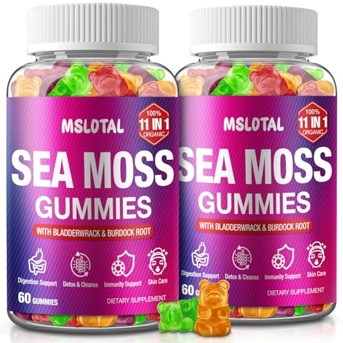 MSLOTAL Irish Sea Moss Gummies with Black Seed Oil, Ashwagandha Bladderwrack and Burdock Root, Organic Sea Moss Gummies for Women and Men with Shilajit, Immune Support, Vegan, 120 Gummies Totalss