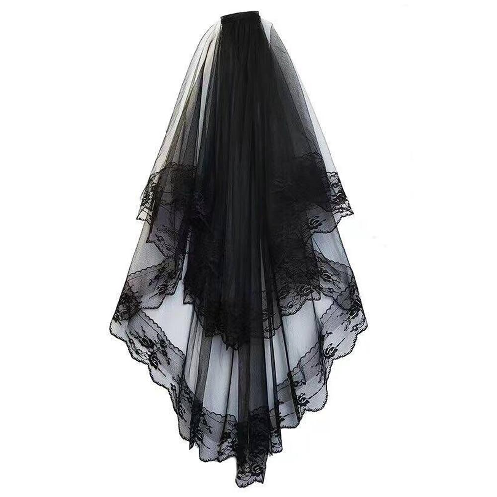 Lovunshuo Women's Black Lace Lovunshou Bridal Veil Wedding Vails Simple Short Wedding Veils With Comb For Brides Shower Bachelorette Hen Do Night Party Chucky Costume Halloween Girls First Communion (Black Lace)