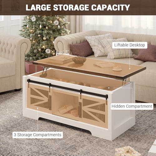 GarveeHome Lift Top Coffee Table, 47.2" Multifunction Coffee Table with Sliding Barn Door, Hidden Storage Compartment, Lifting Table Top and Adjustable Shelf, Farmhouse Rustic Center Dining Table