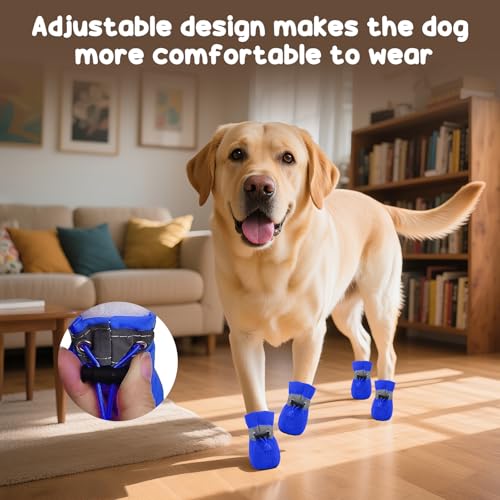 4 PCS Hundeschuhe Sommer, Hundeschuhe Pfotenschutz, Pfotenschutz für Hunde, Ausgestattet mit Reflektierendem Band, Geeignet für Den Lnnen- und Außenbereich, Atmungsaktiv und Verschleißfest/Blau 2