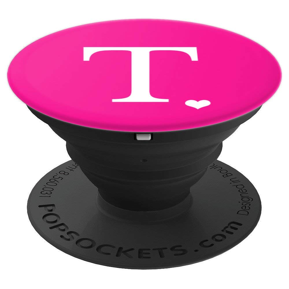 White Initial Letter T heart Monogram on Hot Pink PopSockets PopGrip: Swappable Grip for Phones & Tablets
