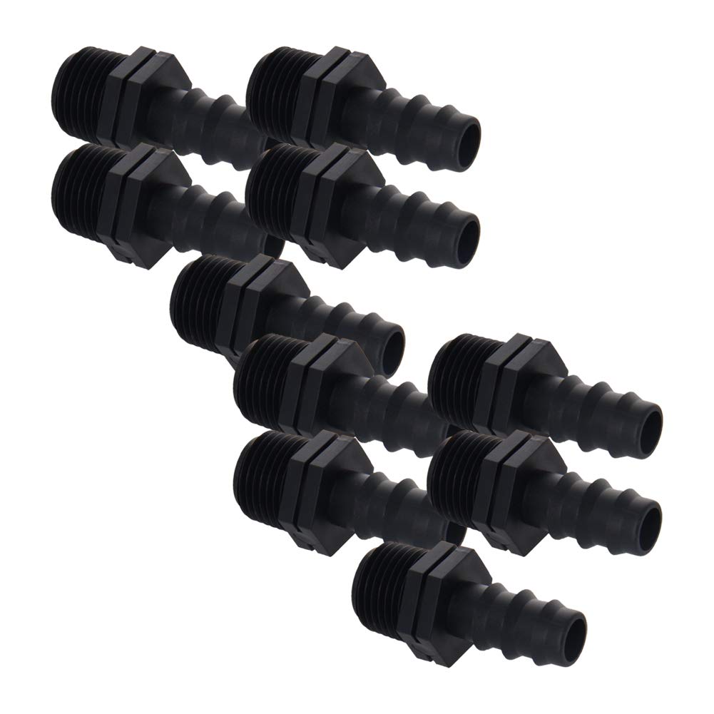 MroMax 10 raccordi per irrigazione a goccia con filettatura maschio da 1/2, connettori per tubi spinati, presa esterna, per giardino, prato, sistema di irrigazione agricolo, plastica nera, lunghezza