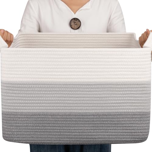 Image of OIAHOMY Cotton Rope Basket, Rectangle Woven Baskets for Storage, Nursery Blanket Storage Living Room, Toy Basket With Handle-17.7 inchx13.8 inchx11 inch-Gradient Grey