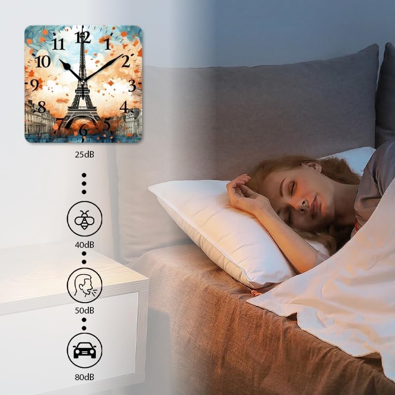 Quartz Wall Clocks Non-Ticking Silent Battery Operated Modern Wall Clocks Decorative for Home,Bedroom-Eiffel Tower Maple Leaf Autumn in Colorful(16inch)