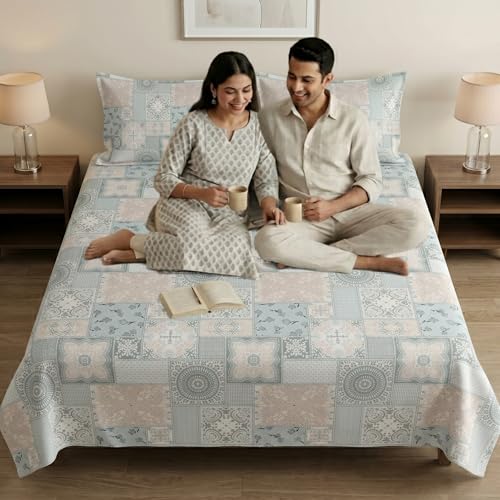 Image of Mafatlal 186 TC Metro Cotton Double Bed Bedsheet | 90x100 Inch|Soft, Breathable & Lightweight | Includes 2 Pillow Covers| Cool Fire 1