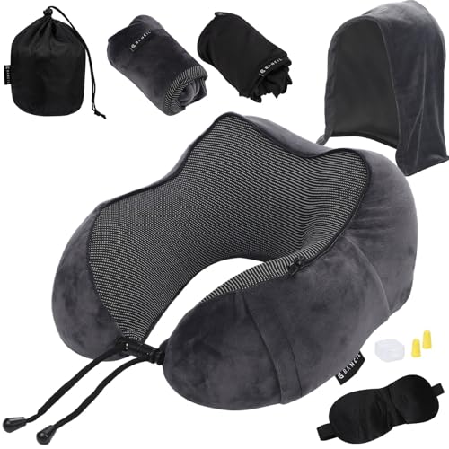 【交換用冷感カバー付き】BANCIL ネックピロー 取り外しフード 交換用ひんやりカバーセット 飛行機 首枕 携帯ピロー (取り外しフーディネックピローグレー+ひんやりカバーセット)