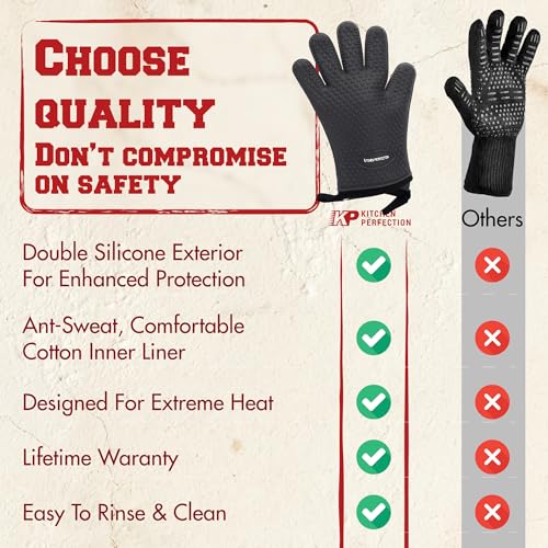 Image of KITCHEN PERFECTION Silicone Pizza Oven Gloves -Extreme Heat Resistant Gloves for Outdoor & Indoor Pizza Ovens -Waterproof Oven Mitts Compatible with Ooni, Ninja, Gozney & More|Superior Set+3 Bonuses