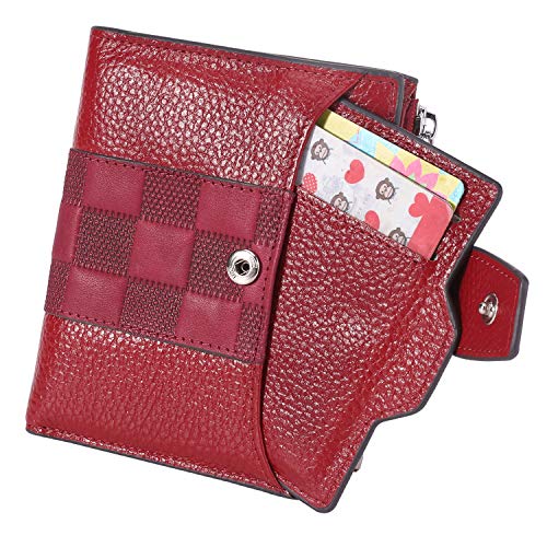 AINIMOER Women's RFID Blocking Leather Small Compact Bi-fold Zipper Pocket Wallet Card Case Purse(Stitched Wine)