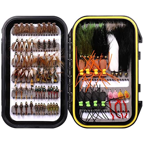 Wifreo Fly Fishing Flies Assortment with Waterproof Fly Box, 28/40/64/92/120pcs Dry/Wet/Nymph/Streamer Flies, Trout/Bass/Panfish/Salmon Fishing Flies