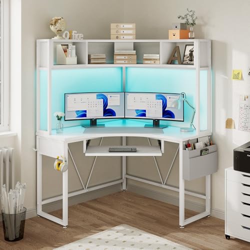 SEDETA Corner Desk, Small Computer Desk with Hutch & LED Lights, Triangle Corner Computer Desk with Keyboard Tray, Storage Bag, and Headphone Hook for Small Space, Home Office Desk, White