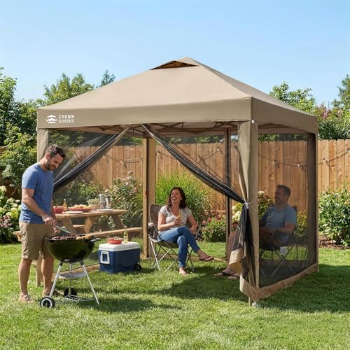 CROWN SHADES Gazebo 10x10 Pop Up Canopy with Mosquito Netting, Screen Tent with 4 Ropes, 8 Stakes, 4 Sandbags and Wheeled Storage Bag, Canopy for Patio & Backyard Parties,Camping&Events -(Beige) - Image 3