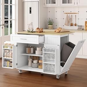 Kitchen Island with Storage, 31.5″ D Rolling Kitchen Island Cart on Wheels with Widen Drop Leaf Rubberwood Top, Large Mobile Kitchen Island with Trash Can Storage and Towel Bar, White
