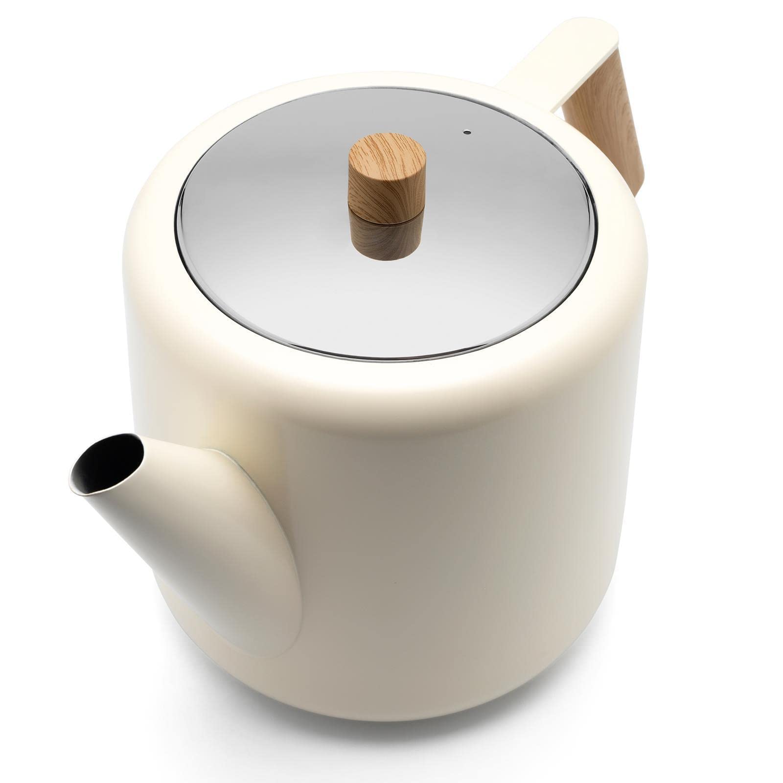 Bredemeijer Teekanne Set 1.1 Liter - Edelstahl doppelwandig Creme-Weiß - Großer moderner Teebereiter mit Tee-Filter-Sieb-Aufsatz für losen Tee - inkl. Holz-Untersetzer schwarz