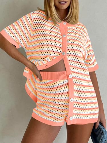 Image of Saodimallsu Womens Crochet Swimsuit Coverup Summer Beach Sets Striped Knit Short Sleeve Button Shirts 2 Piece Short Set