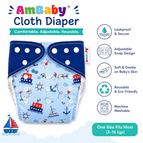 Image of Ambaby Pack of 4 Premium Pocket Cloth Diapers with 2 Diaper Covers & 2 High-Absorbency 4Layer Insert Pads. Leak-Proof, Adjustable, Breathable, Reusable & Washable. Fits Babies 3 Months-3 Years(3-18kg)