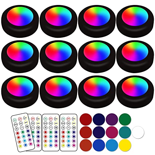 Image of 13-Color LED Puck Lights with Remote Control | Wireless Battery-Powered Stick-On Under Cabinet Lighting | Dimmable Color Changing Lights with Timer for Kitchen, Closet & Home Decor