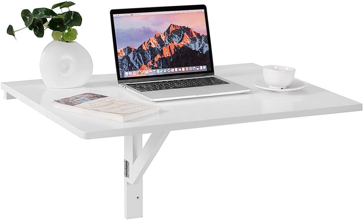DORTALA Wall Mounted Folding Desk, White Drop-Leaf Work Table with Thick Board & Solid Wood Support, Space-Saving Hanging Desk for Bathroom, Kitchen, White