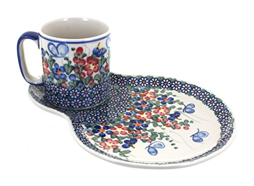 Juego de plato y taza artesanal de cerámica azul miniatura 1