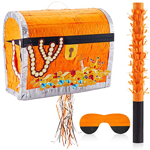 13.3 Inches Pull String Treasure Chest Pinata Pirate Pinata with Blindfold Pinata Bat and Confetti Paper for Graduation Kids Treasure Game Pirate Theme Birthday Party Decorations Supplies