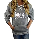 ETATNG Womens Baseball Love Graphic Sweatshirts Lace Up V Neck Letter Print Long Sleeve Loose Athlet