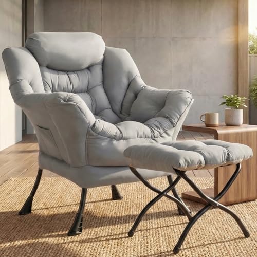 Clevich Ohrensessel mit Hocker, Lazy Chair, Moderner Sessel Wohnzimmer mit Seitentasche & Fußstütze, Lesesessel, Bequem Loungesessel für Wohnzimmer, Schlafzimmer, Schlafsaal, Büro (Hellgrau)