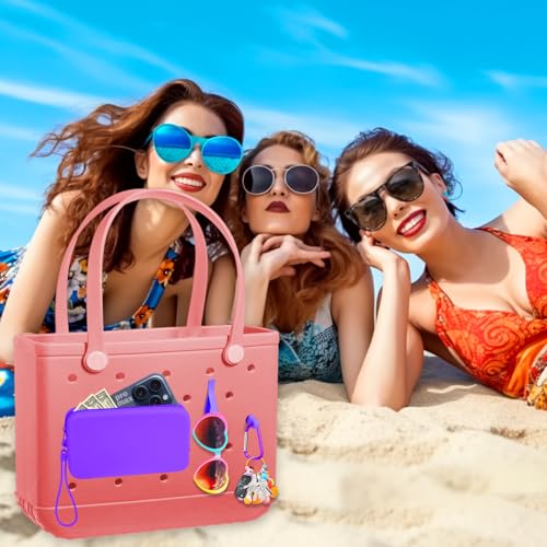Image of Mity rain Silicone Wallet for Bogg Bag Phone Holder, Accessories Set for Bogg Bag Contain 2PCS Key Holder and a Large Capacity Silicone Zipper Bag for Beach Bags Tote Bag (Dark Purple)