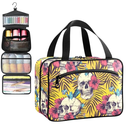 YNNALE Sewing Supply Organizer Bag, Floral Skull Yellow Tropical Flowers Portable Sewing Bags with Pockets&Hanger, Sewing Storage Box Case for Sew Supplies/Kit/Tools/Accessories (BAG ONLY)
