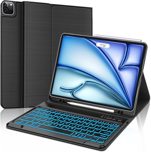 【2025年最新型】 iPad Pro 12.9インチ キーボード付きケース 軽量 薄型 ipad Air M2/M3 13インチ ケース キーボードカバー 7色バックライト 着脱式 マルチペアリング ペンホルダー付き 多角度調整 スタンド 磁気吸着 オートスリープ機能 ペン収納 耐衝撃 傷つけ防止 全面保護 Type-C充電式 日本語説明書 ブラック