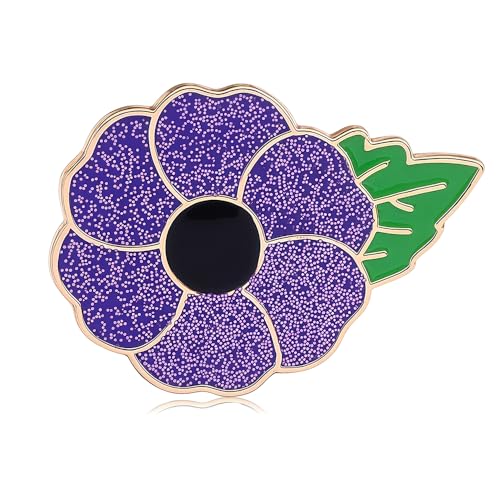 Purple Poppy Pin Badge Brooch - Animals Remembrance War WW1 Poppy Badge,Maslasee, Purple Glitter Poppy Brooch with Gold Tone Frame, Remembrance Poppy Pin for Commemorative Events