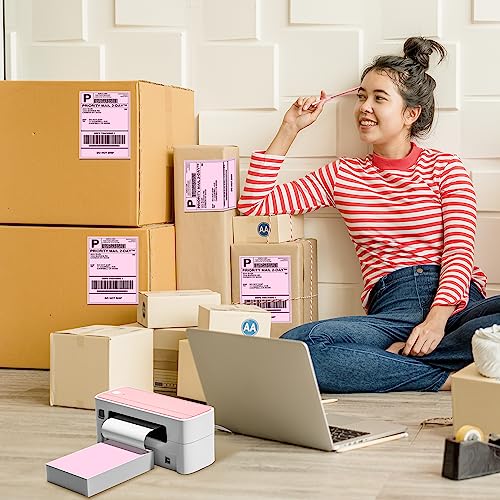 Image of Phomemo 4X6'' Thermal Shipping Labels - Pack of 100 4x6 Fan-Fold Labels for Shipping Labels, Address, Mail, Product Logo Labels, Commercial Grade, Pink