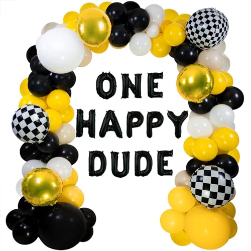 Image of One Happy Dude Balloon Arch Garland Kit, 124Pcs 18" 10" 5" Yellow Black Balloons with Black Checkered Foil Balloons for One Happy Dude Birthday Decorations Baby Shower Boys 1st Birthday Party Supplies