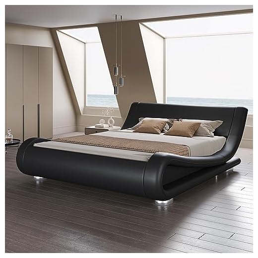 SHA CERLIN Queen Size Upholstered Bed Frame, Deluxe Low Profile Sleigh Bed with Faux Leather Ergonomics Headboard, No Box Spring Needed & Easy Assembly, Black