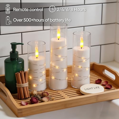 Image of Raycare Flameless Candle with Remote Timer, 3 Flickering Acrylic Battery Operated LED Pillar Candles with Embedded Star String for Home Decor, Christmas, Wedding, Home Table Decor(White)