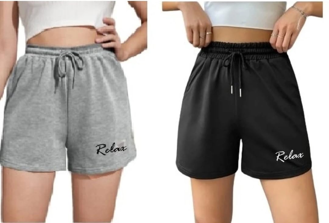 Women's Casual Sweat Shorts, Black and Grey, Cotton Poly Blend, Drawstring Elastic Waist, Relaxed Fit, Pack of 2-picture-32
