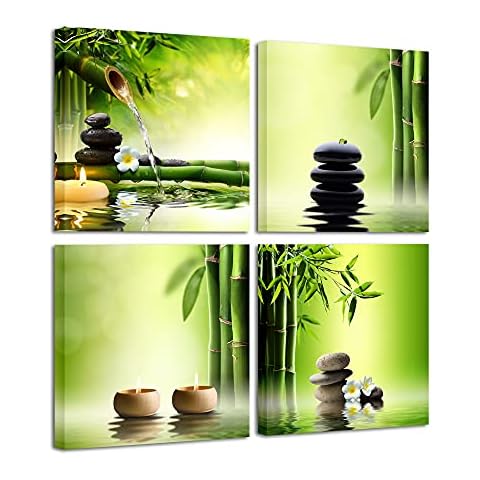 Wieco Art - Modern 4 Panels Stretched and Framed Contemporary Zen Giclee Canvas Prints Perfect Bamboo Green Pictures Paintings on Canvas Wall Art for Home Office Decorations Living Room Bedroom Cover