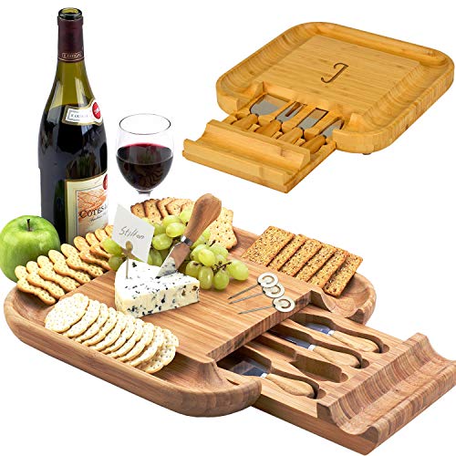 Picnic at Ascot - Personalized Engraved Bamboo Board for Cheese & Appetizers - Integrated Drawer with 4 Piece Knife Set - USA Designed & Quality Checked Laser Engraved Single Letter in Center