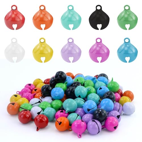 JRSHIRLEYLTD Campanella in metallo colorata da 100 pezzi per fai da te, 14 mm, con foro, piccola campana natalizia per gioielli fai da te, per realizzare animali domestici natalizi.