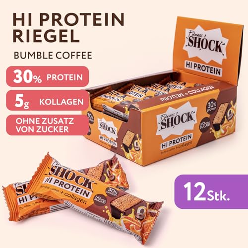 FitnesSHOCK Proteinriegel Set mit hohem 30% 12g Proteingehalt Eiweißriegel ohne Zuckerzusatz mit 5g Kollagen low carb ballaststoffreich kalorienarm Bumble Coffee Geschmack 12Stk 40g 2