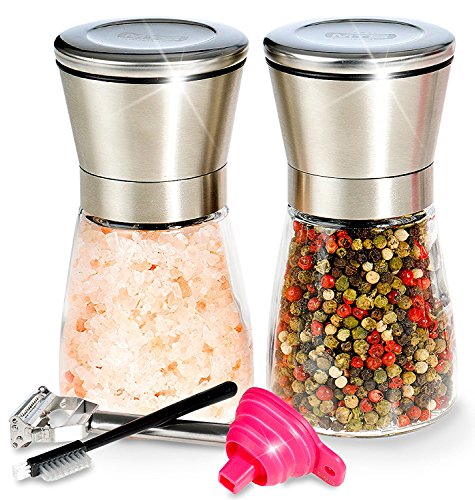 Premium Salt and Pepper Shakers 6 Oz -Just Add Summer- Salt and Pepper Grinder/Mill Set - 3 Grade Adjustable Ceramic Rotor - BUNDLE WITH - Peeler, Funnel, eBook and Cleaning Brush by Mys Homeware