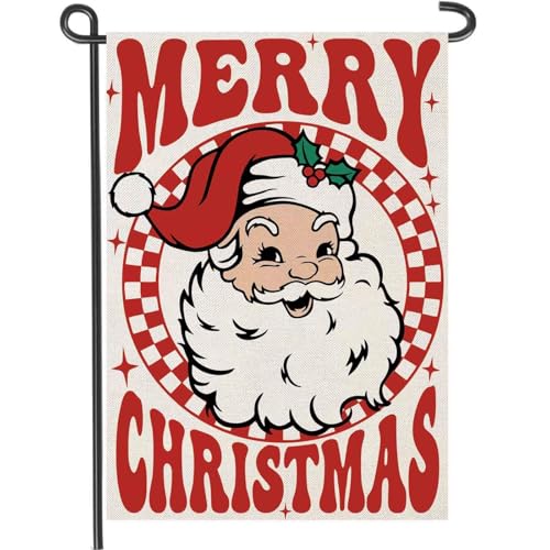 Fapulee Merry Christmas Garden Flags 12x18 inch Double Sided, Seasonal Xmas Santa Claus Decorations, Small Winter Decor for Yard Outside Outdoor