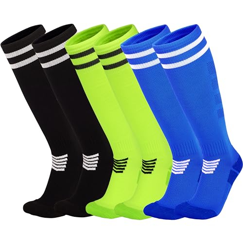 YMYDYFC Kids Soccer Socks Cushion Cotton Comression Socks Baseball Sock For Youth Toddler Boys Girls Men Women Knee High SockBlack/Blue/Fluorescent Green_3pack Small(4-8Years