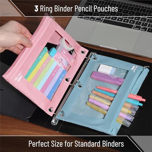 Image of Mr. Pen- Pencil Pouch for 3 Ring Binder, 2 Pack, 10 inchx6.75 inch, Smooth Zipper | Clear Window, Large Capacity Pencil Case with 3 Reinforced Grommets for School, Office, Supplies Storage | Clear Window, Large Capacity Pencil Case with 3 Reinforced Grommets for School, Office, Supplies Storage